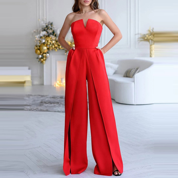 Women's Fashion V Neck High Waist Solid Color Off Shoulder Party Sexy Jumpsuit