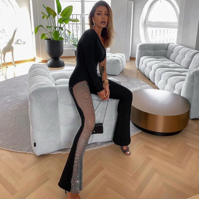 New Women's Cutout Shiny Long Sleeve Sexy One Shoulder Jumpsuit