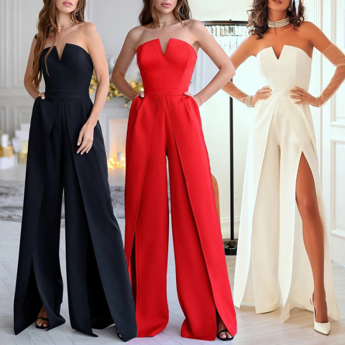 Women's Fashion V Neck High Waist Solid Color Off Shoulder Party Sexy Jumpsuit
