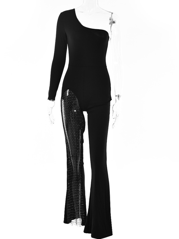 New Women's Cutout Shiny Long Sleeve Sexy One Shoulder Jumpsuit