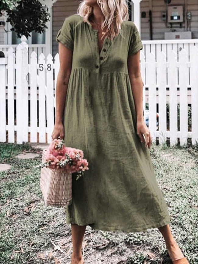 Women's Casual Loose Plus Size V Neck Button Solid High Waist  Linen Dress
