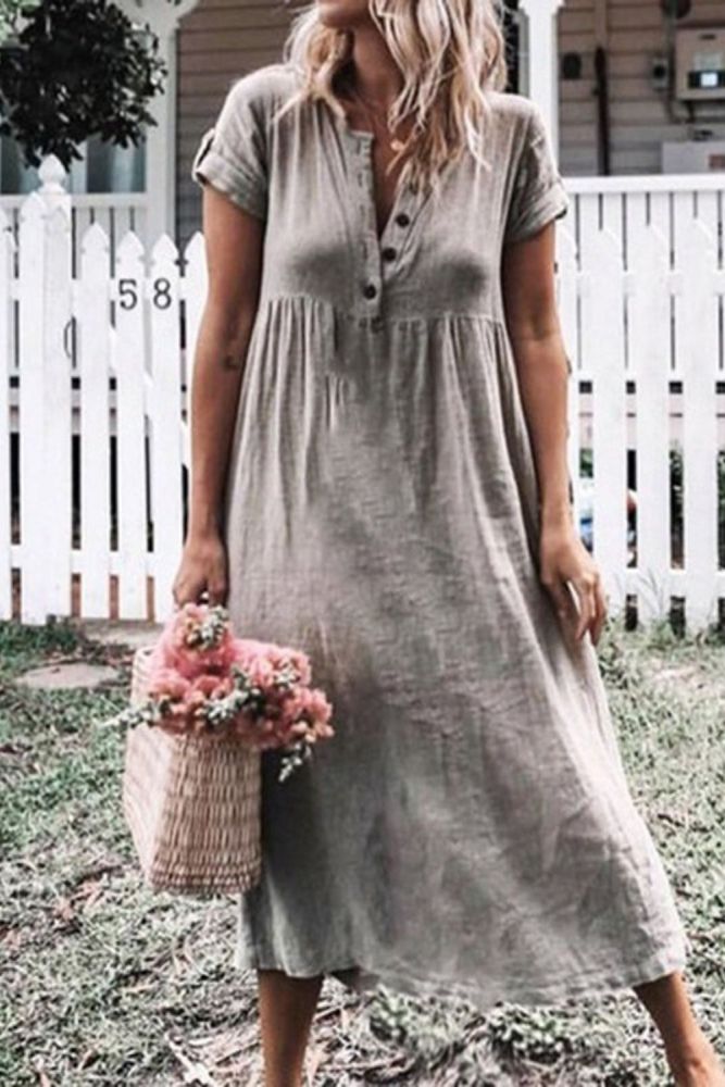 Women's Casual Loose Plus Size V Neck Button Solid High Waist  Linen Dress