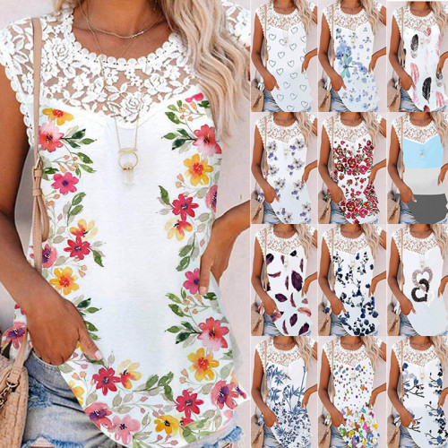 Women's Lace O Neck Sleeveless Panel Floral Loose   T-Shirts