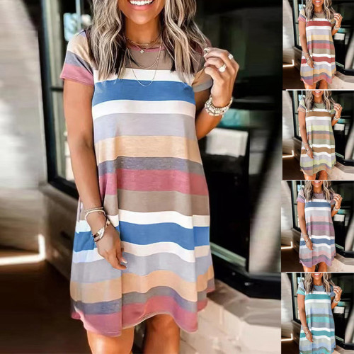 Trendy Stripe Printed O-Neck Loose A-Line  Casual Dress
