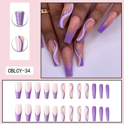 New Purple Glitter  Beauty Wear French Geometric Lines Aurora Bright False Nails