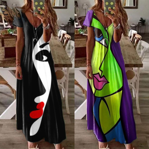 Women's Fashion Loose Printed Resort Casual V Neck  Maxi Dress