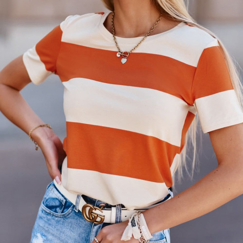 New Women's Striped Short Sleeve Thin Solid Color Button V-Neck T-Shirt