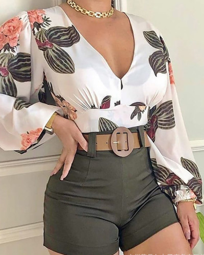 Women's Fashion Print Casual V-Neck Long Sleeve Shorts  Two-piece Outfits