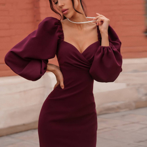 Elegant Puffy Long Sleeve Party Fashion Square Neck Solid Color  Maxi Dress
