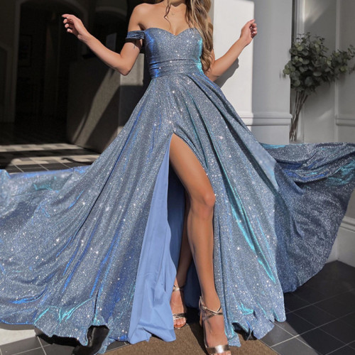 Women's Sequin Sparkling Off Shoulder Lace Satin Sexy Prom Dress