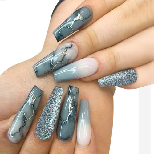 Marble Gradient Glitter Beauty Wearing Armor New Extra Long False Nails