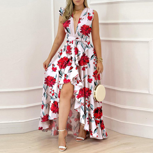 Women's Elegant Formal Fashion Sleeveless Ruffled Slit Prom Dress