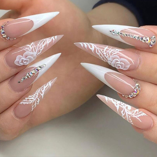 Extra Long Pointed French White Rose and Diamond Removable Fake Nails