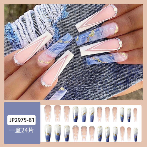 New V-shaped French Diamond Removable Gold Foil Blue Smudge Fake Nails