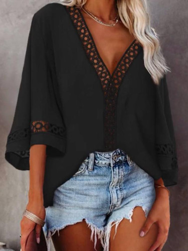 Women's Top New V Neck Cutout Lace Casual Long Sleeve Shirt