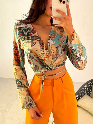 Fashion Print Cropped Navel with Solid Color Short Sexy V-Neck Tie  Two-piece Outfits