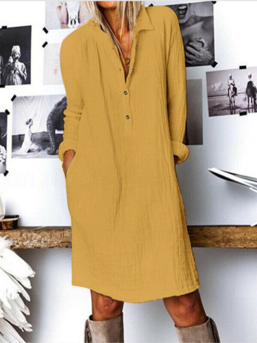 New Lapel Fashion Commuter A-Line Pocket Solid Color  Linen Dress