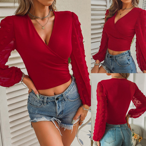 Women's Tops New V-Neck Solid Color Puff Sleeves Casual Shirts