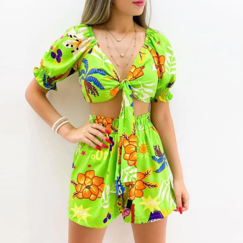 New Women's Lace-Up Puff Sleeve Printed V-Neck Suit Shorts   Two-piece Outfits