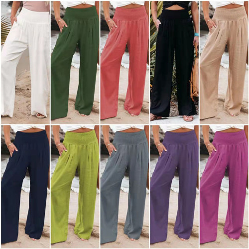 Women's  Cotton Linen Pocket Solid Color Loose Casual Wide Leg Pants