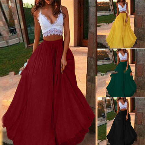 Women's Fashion Elegant Chiffon Casual Solid Color Waist Swing Skirts