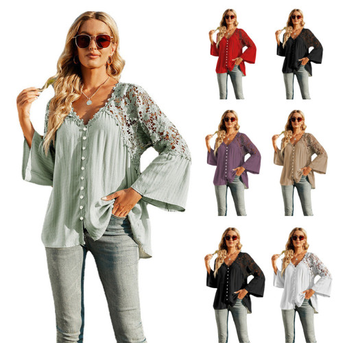 Fashion Blouse Loose Lace Long Sleeve Solid Color Deep V Chiffon Shirt