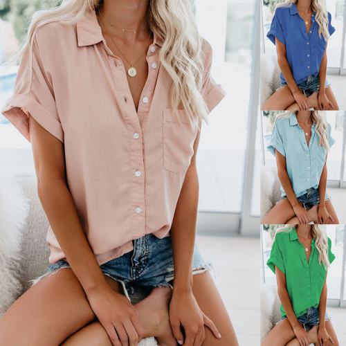 Women's Casual Button Down Lapel Solid Color Fashion V-Neck  T-Shirts