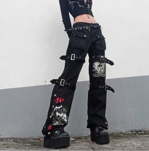 Eyelet Button Punk Gothic Denim Fashion Women's Low Rise Cargo Pants