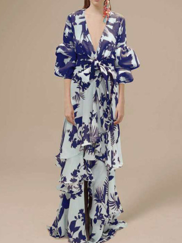New Floral Irregular Print Chiffon Deep V-Neck Bohemian Maxi Dress