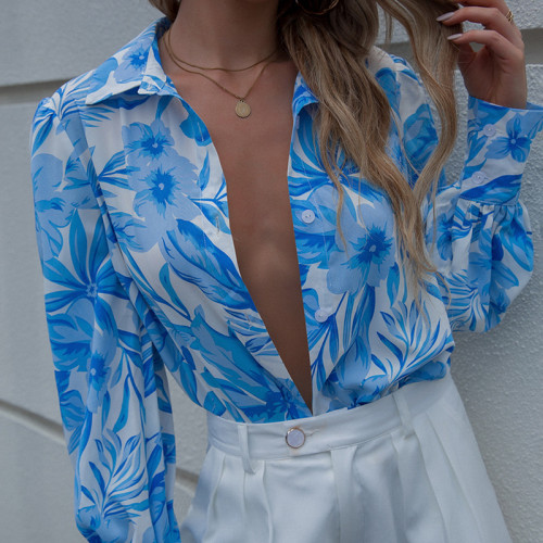 Women's New Lapel Blue Single Breasted Print Long Sleeve   Blouses