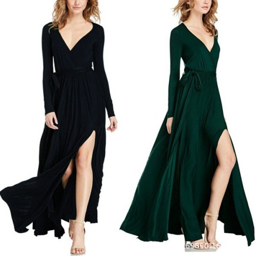Sexy Long Sleeve V-Neck Solid Color Fashion Mopping  Maxi Dress