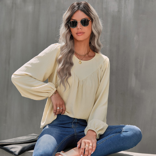 Women's Solid Color Round Neck Cotton Yarn Loose Shirt
