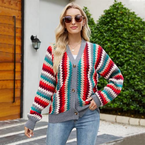 Women's Fashion Striped Loose Knit Single Breasted Sweater Cardigan