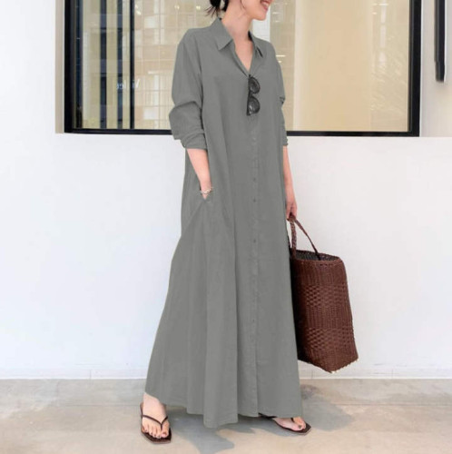 Solid Color Lapel Long Sleeve Insert Pocket Simple Loose Casual Linen Dress