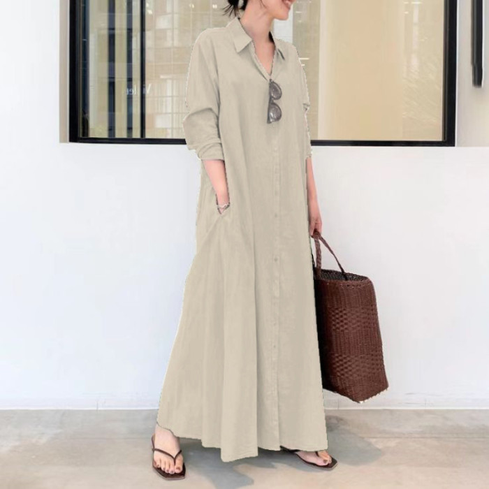 Solid Color Lapel Long Sleeve Insert Pocket Simple Loose Casual Linen Dress