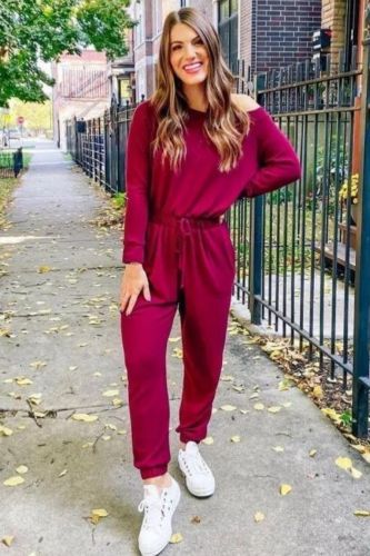 EBUYTIDE Temperament Solid Color Round Neck Long Sleeve Fitted Jumpsuit