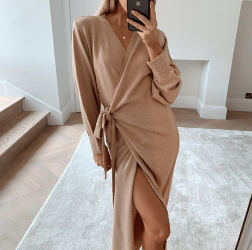 Elegant Sexy V-Neck Solid Color Fashion Women's Sweater Dress