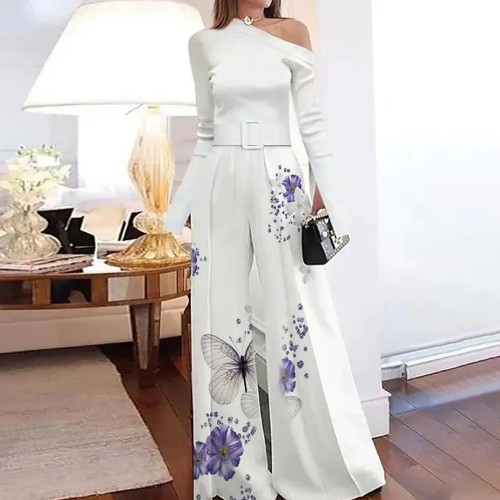 Women's Fashion Sexy Off-the-shoulder Belt Elegant Casual Loose Flared Jumpsuit