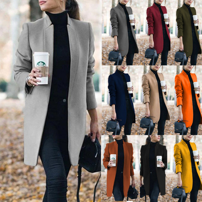 New Women's Stand Collar Fashion Casual Solid Color Slim Fit Trench Coats