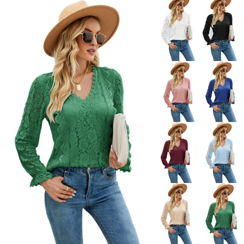 Solid Color Lace Women's Fashion V Neck Elegant Chic Casual Shirts