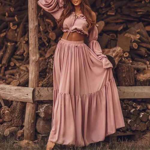 Sexy Elegant Solid Off-Shoulder Ruffle Long Sleeve Top and Long Slit Maxi Dress