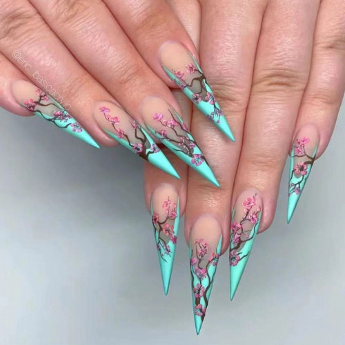 Tiffany Blue Plum Long Pointed Armor French Exquisite Wearable False Nails