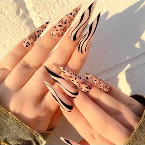 24Pcs Long Pointed Nail Matte Leopard Print Wearable Frosted  False Nails