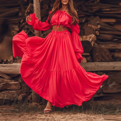 Sexy Elegant Solid Off-Shoulder Ruffle Long Sleeve Top and Long Slit Maxi Dress