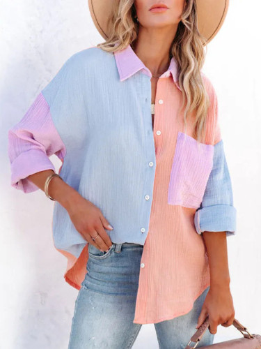 Women's New Contrast Color Stitching Off Shoulder Fashion Casual  Blouses