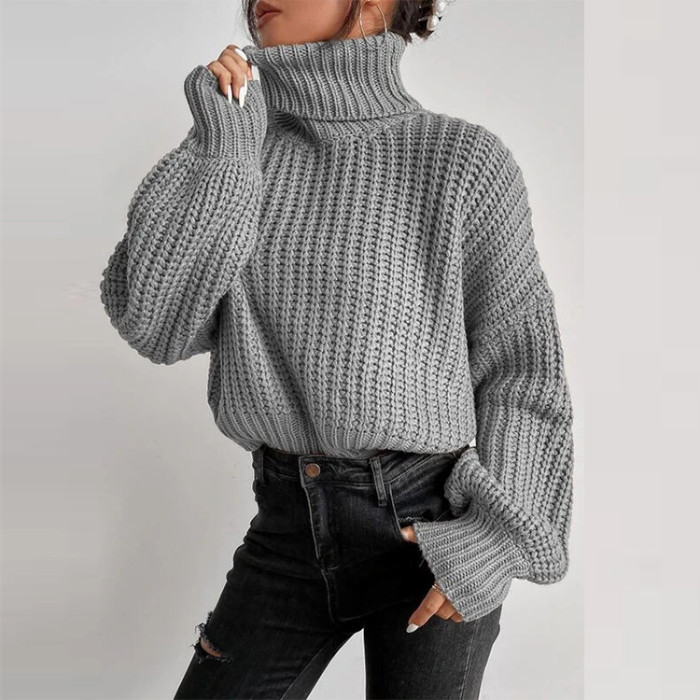 Women's Turtleneck Patchwork Solid Color Loose Elegant Sweater
