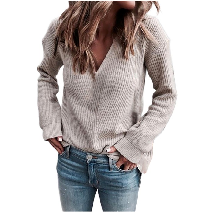 Women's Fashion V Neck Button Casual Knit Solid Color   Sweaters