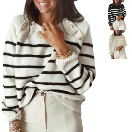 One Shoulder Button British Style Black and White Striped Fashion Women's   Sweaters