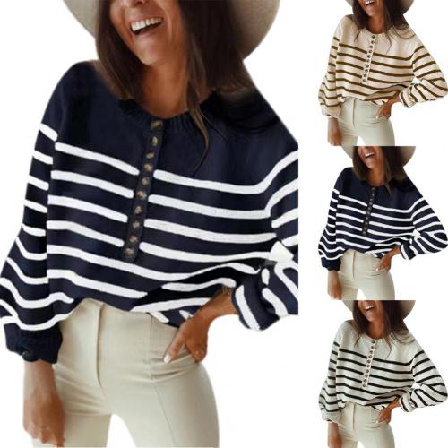 Women's Horizontal Stripe O Neck Casual Fashion Buttons   Sweaters