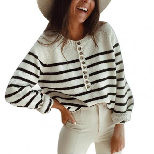 Women's Horizontal Stripe O Neck Casual Fashion Buttons   Sweaters